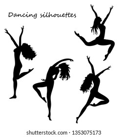 Silhouettes of  four dancing women. vector illustration on white background