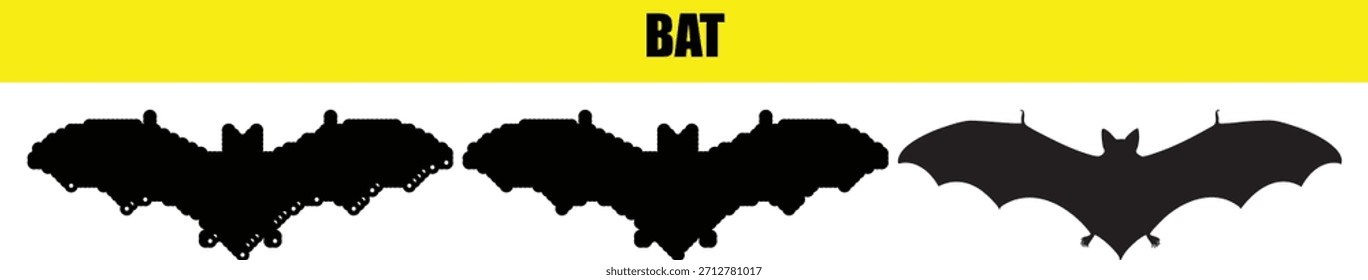 Silhouettes of four different bats flying against a white background with a yellow banner and the