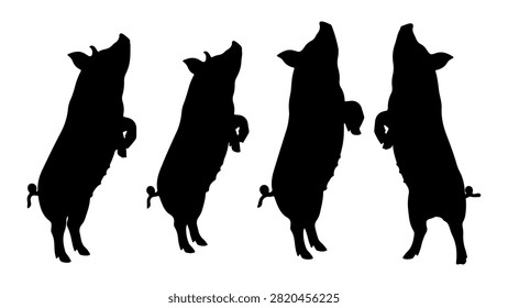 Silhouettes of four dogs standing upright on hind legs, facing left, isolated on a white background, showcasing playful and alert postures.