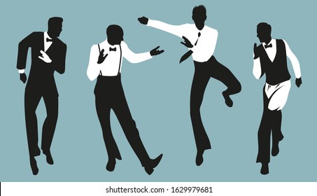 Silhouettes of four elegant man wearing vintage style clothes dancing retro dance 