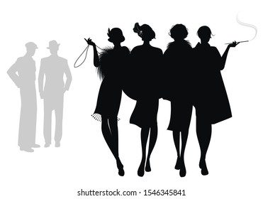 Silhouettes of four flapper girls walking together and two men in the background. Isolated on white background