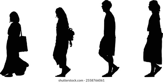 Silhouettes of four individuals walking, each carrying different bags, against a transparent background, showcasing diverse postures and styles.