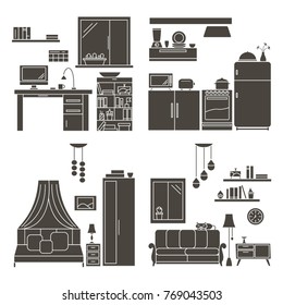 Silhouettes of Four Interior Designs in Thin Line Style. Collection includes workspace, kitchen, bedroom, living room. Flat vector illustration. 