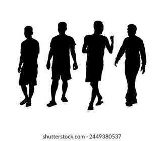 Silhouettes of four men in a relaxed style, walking casually and communicating. Flat vector design.