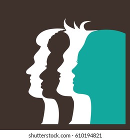 Silhouettes of four multicultural men and women. Profiles of people looking forward in solidarity. EPS 10 vector.