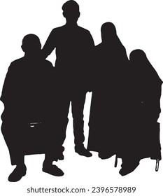 silhouettes of four people, two sitting and two standing