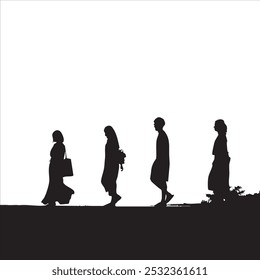 Silhouettes of four people walking in a line against a bright white background, creating a minimalist and artistic scene.