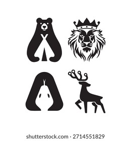 Silhouettes of four stylized animals, including the head shapes of a bear, royal lion, deer, and snake