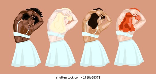 Silhouettes of four women of different nationalities and ethnics. The poster symbolizes the ethnic equality of people and the independence of women. Beautiful girls of different cultures.
