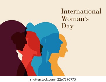 Silhouettes of four women standing together for International Women's Day card with Women's friendship.
Vector concept of the female's empowerment movement and unity.