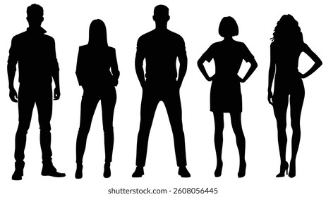 Silhouettes of four young adults two men and two women standing together casually