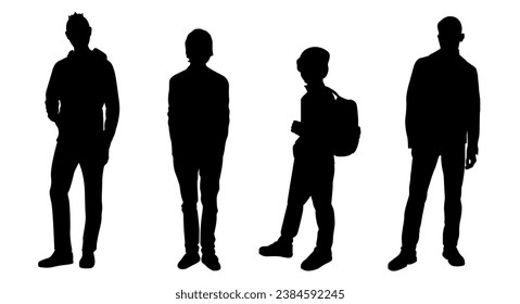 Silhouettes de cuatro jóvenes. Varias personas agrupan la silueta. Ilustración vectorial plana aislada en el fondo.