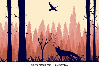Silhouettes of fox in the forest  , trees and wild animals dark red silhouettes
