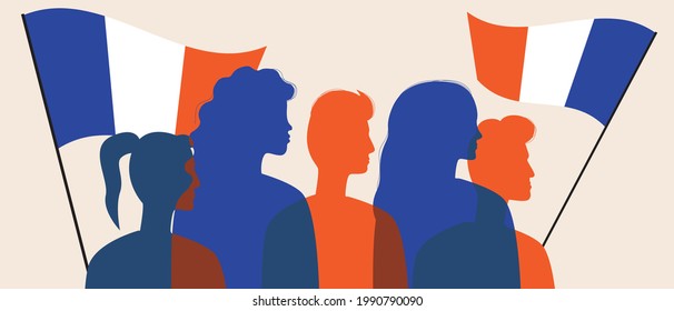 Silhouettes of the French with the flag of France. Color vector stock illustration. People are French citizens. The crowd is waving the flag. The concept of pride. Silhouette illustration