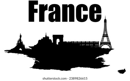 Silhouettes of French landmarks placed on a map of France. can be customized Vector illustration.