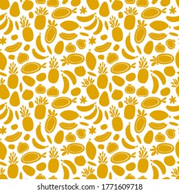Silhouettes of Fruits and Berries Vector Seamless Pattern. Cartoon Monochrome Tropical Fruit Wallpaper. Healthy Summer Food Yellow White Background