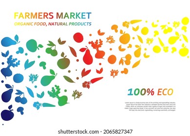 Silhouettes of fruits and vegetables. Icons of fruits, vegetables, nuts, berries. Contains apple, cherry, pear, tomato, green peas, beets, mushrooms, basil and parsley. Banner for farmer's market.