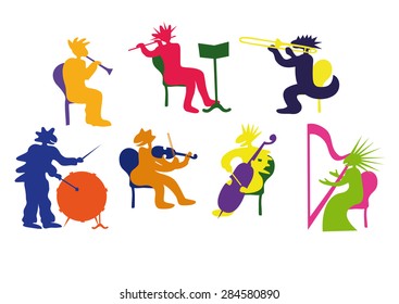 Silhouettes of funny monsters band playing the drum, violin, cello, trombone, gabot, harp, bassoon, clarinet isolated over white.