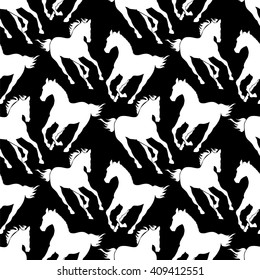 silhouettes of galloping horse - black and white seamless pattern