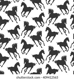 silhouettes of galloping horse - black and white seamless pattern