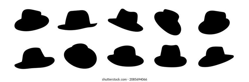 Siluetas de un sombrero de gángster en diferentes ángulos. Vector