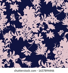 Silhouettes of garden plants and wild flowers bouquets. Vintage style. Summer floral seamless pattern made of greenery and abstract meadow flowers. Florals shadows ornament. Textile and fabric design.