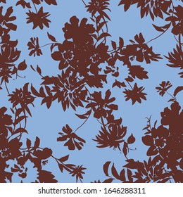 Silhouettes of garden plants and wild flowers bouquets. Vintage style. Summer floral seamless pattern made of greenery and abstract meadow flowers. Florals shadows ornament. Textile and fabric design.