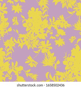Silhouettes of garden plants and wild flowers bouquets. Vintage style. Summer floral seamless pattern made of greenery and abstract meadow flowers. Florals shadows ornament. Textile and fabric design.