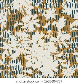 Silhouettes of garden plants and wild flowers bouquets. Vintage style. Summer floral seamless pattern made of abstract meadow flowers mixed with hatched weaving texture. Florals bloom for fabric.