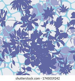 Silhouettes of garden plants and wild flowers bouquets mixed with irregular abstract rounded pentagonal grid foam form. Grid mesh web structures. Seamlesss pattern. Summer florals shadows ornament.