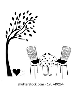 silhouettes  garden with table and chairs. vector 