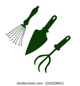 Silhouettes of garden tools. Simple garden equipment. Hand drawn illustration.