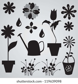 Silhouettes of gardening in gray background, vector illustration