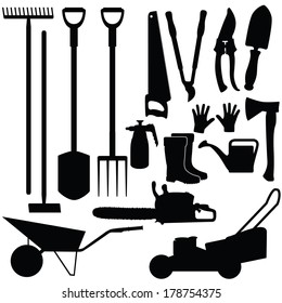 Silhouettes of gardening tools, vector illustration