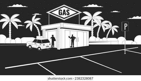 Silhouettes at gas station nighttime black and white lofi wallpaper. People inside convenience store 2D outline cityscape cartoon flat illustration. Parking lot vector line lo fi aesthetic background