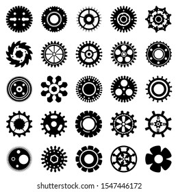 Silhouettes of gears and cogs, vector collection of gearwheels and screw-wheels. Abstract set of metal round details for rotate and motion.