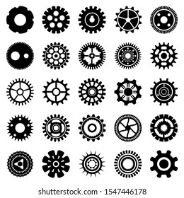 Silhouettes of gearwheels and screw-wheels. Abstract collection of metal round details for rotate and motion. Vector set of gears and cogs. 