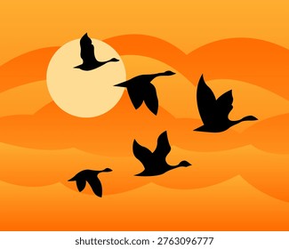 Silhouettes of geese soar against a warm, orange sunset. Soft waves of clouds swirl behind a glowing sun. Birds glide in graceful, fluid flight across the sky
