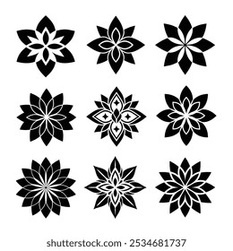 Silhouettes of geometric flower icon set, flat illustration, simple symmetrical design vector graphic style, floral icon