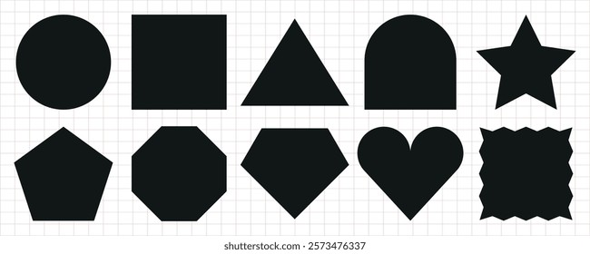 Silhouettes of geometric shapes: circle, square, triangle, arch, star, pentagon, octagon, hexagon, heart, and wavy square. Shapes on a grid background. Memo element vector set.