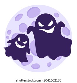 Silhouettes of ghosts or spooks flying with different emotions against of the full moon. Traditional Halloween symbol and decorative element. Vector cartoon isolated illustration.