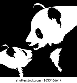 Silhouettes of giant panda mother and her baby isolated on white background