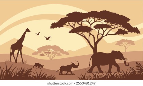 Silhouetten einer Giraffe, eines Elefanten, eines Nashorns und anderer Tiere sind vor einer warmen, erdigen Savannenkulisse aufgestellt. Vögel fliegen über uns und verstärken so das Gefühl eines blühenden Ökosystems.