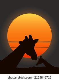 Silhouettes of giraffes against the background of the setting sun. Sunset illustration in the wild