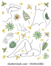 Silhouettes of a girl and a branch of a plant in a modern one line style. Continuous line drawing, aesthetic outline for home decor, posters, wall art, stickers, logo. Vector illustration.