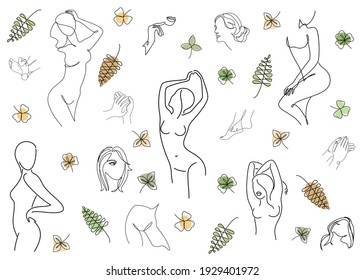 Silhouettes of a girl and a branch of a plant in a modern one line style. Continuous line drawing, aesthetic outline for home decor, posters, wall art, stickers, logo. Vector illustration.