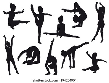 Silhouettes of girl, children at dance, aerobics, shaping. Girl gymnast athlete isolated on white background