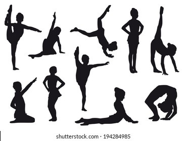 Silhouettes of girl, children at dance, aerobics, shaping. Girl gymnast athlete isolated on white background