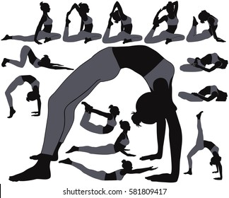 Silhouettes of girl in costume doing yoga exercises in different poses. Yoga stretching poses for woman to make spine and body flexible and healthy. Yoga icons isolated on white background. 