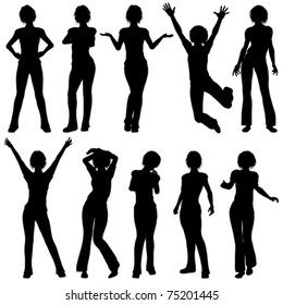 Silhouettes of girl in different poses on a white background, vector illustration